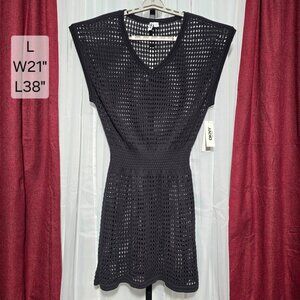 DKNY Beachwear Cover Up Dress Large Black Crochet Knit V-Neck Swim Resort NWT